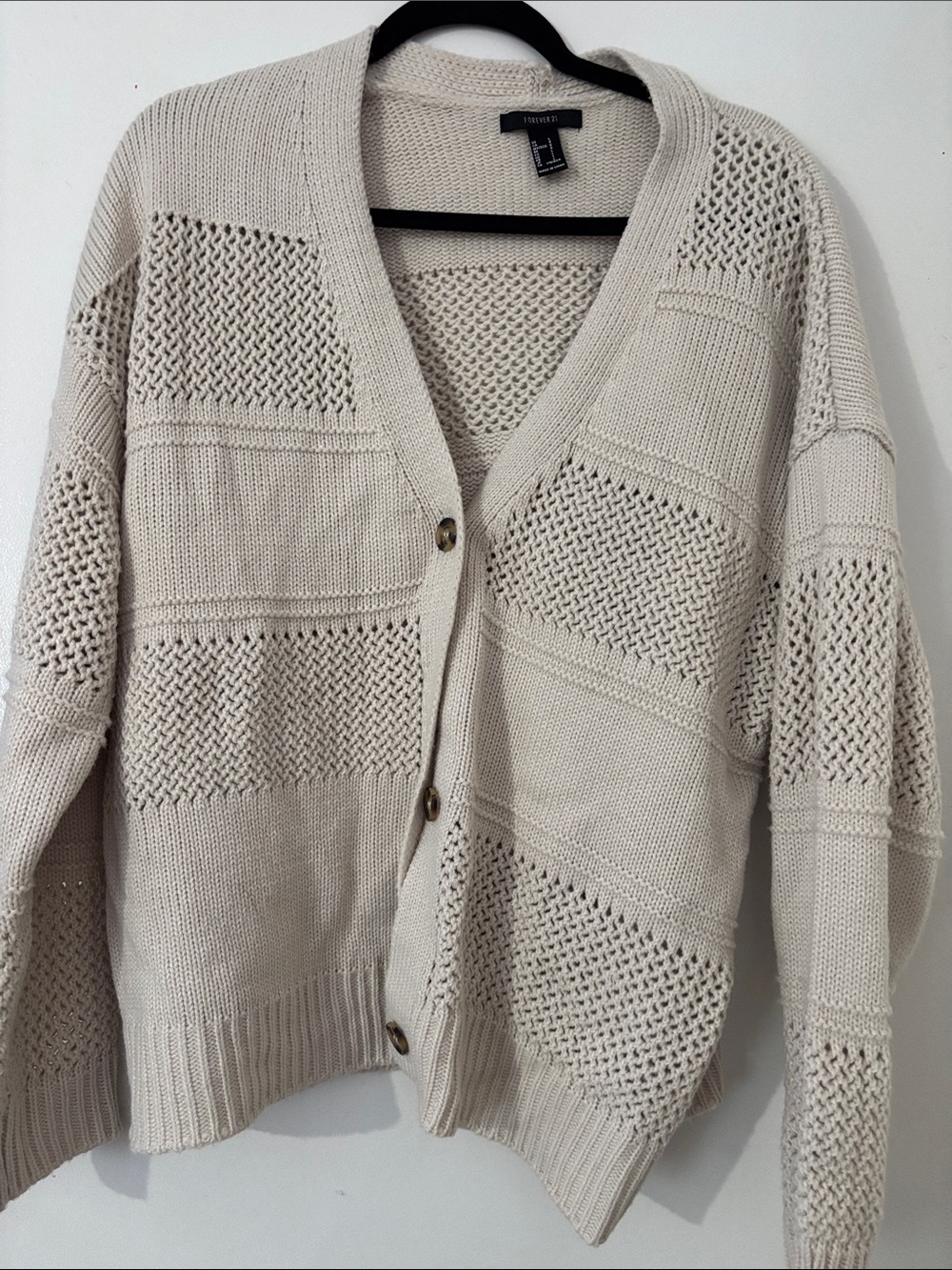 Forever 21 Cream Open-Knit Button Cardigan